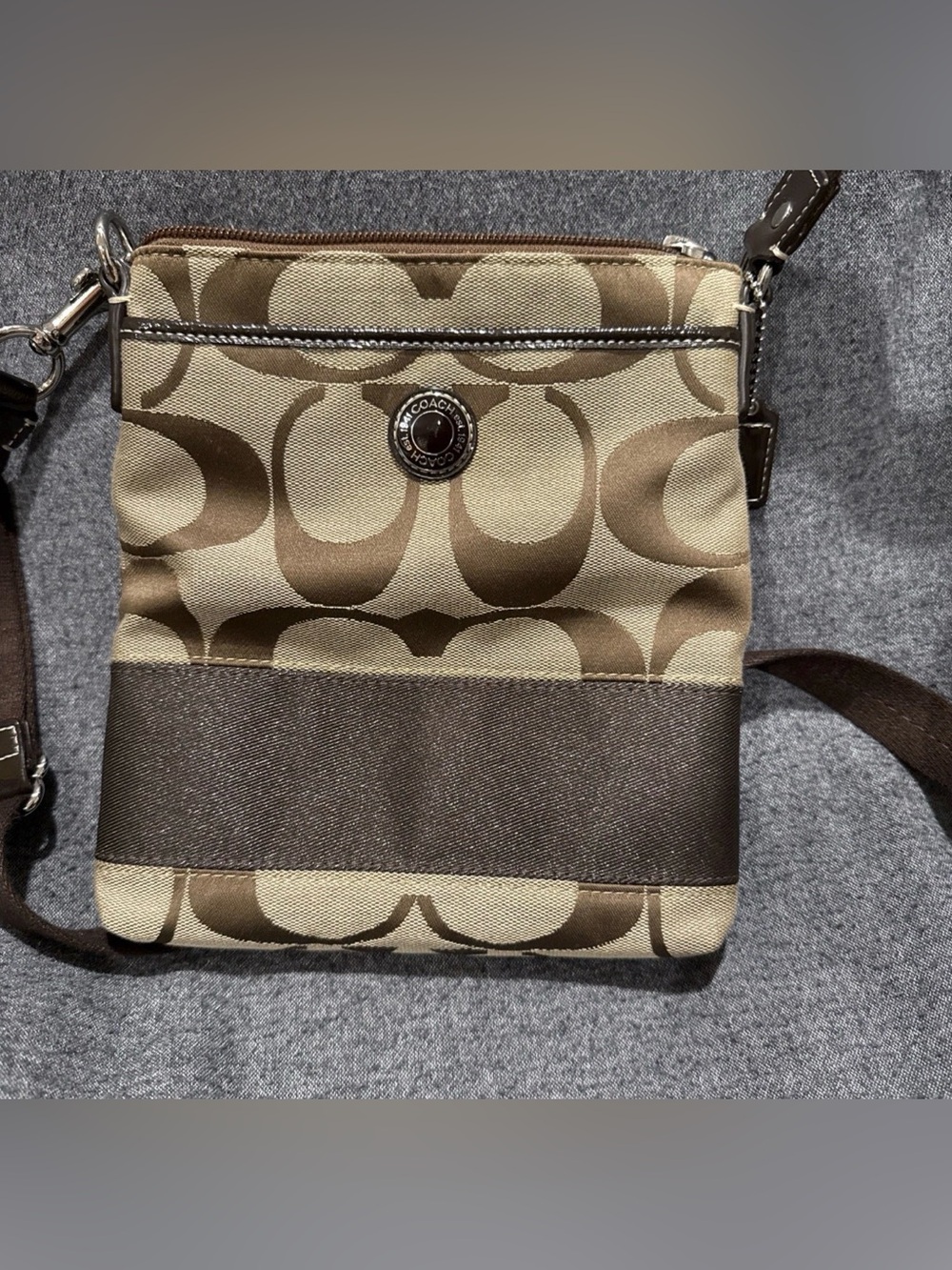 Coach Brown Signature Canvas Messenger Bag with Dark Brown Stripe